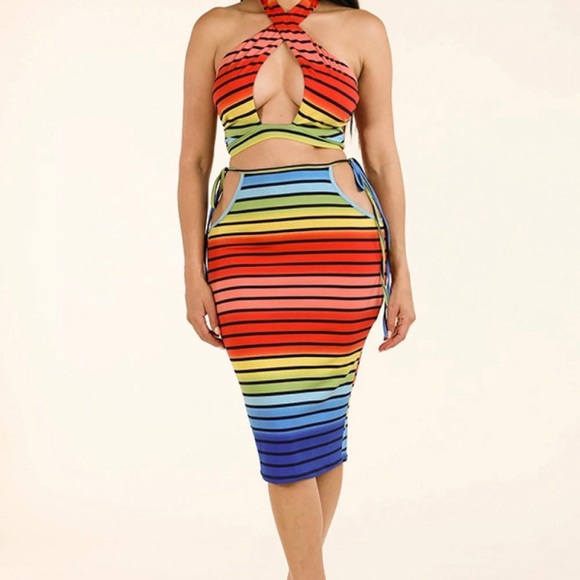Rainbow Stripe Halter Top & Side Cutout Midi Skirt